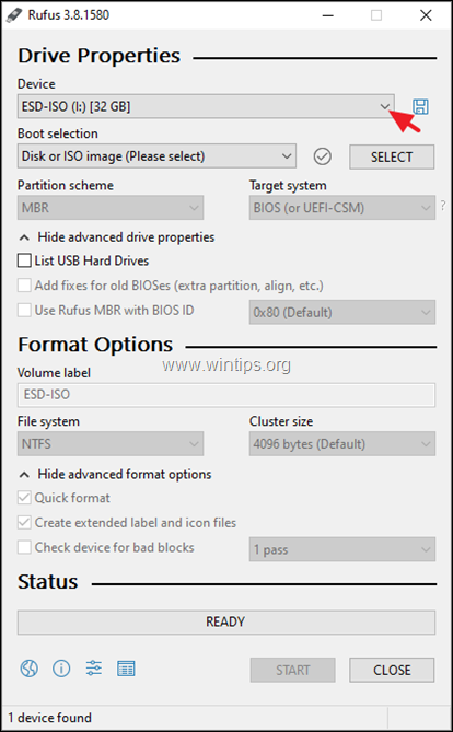 Inside Rufus click the Device drop-down and select the USB drive
