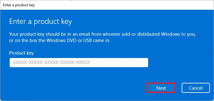 When Enter a product key dialog appears, click on the text field and type the 25-digit product key for Windows 11